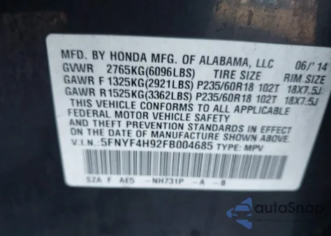 2015 Honda Pilot Touring from USA, damaged, VIN 5FNYF4H92FB004685
